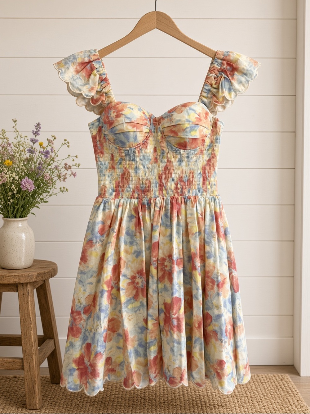 Floral Print Ruffle Sleeve Smocked Mini Dress Medium